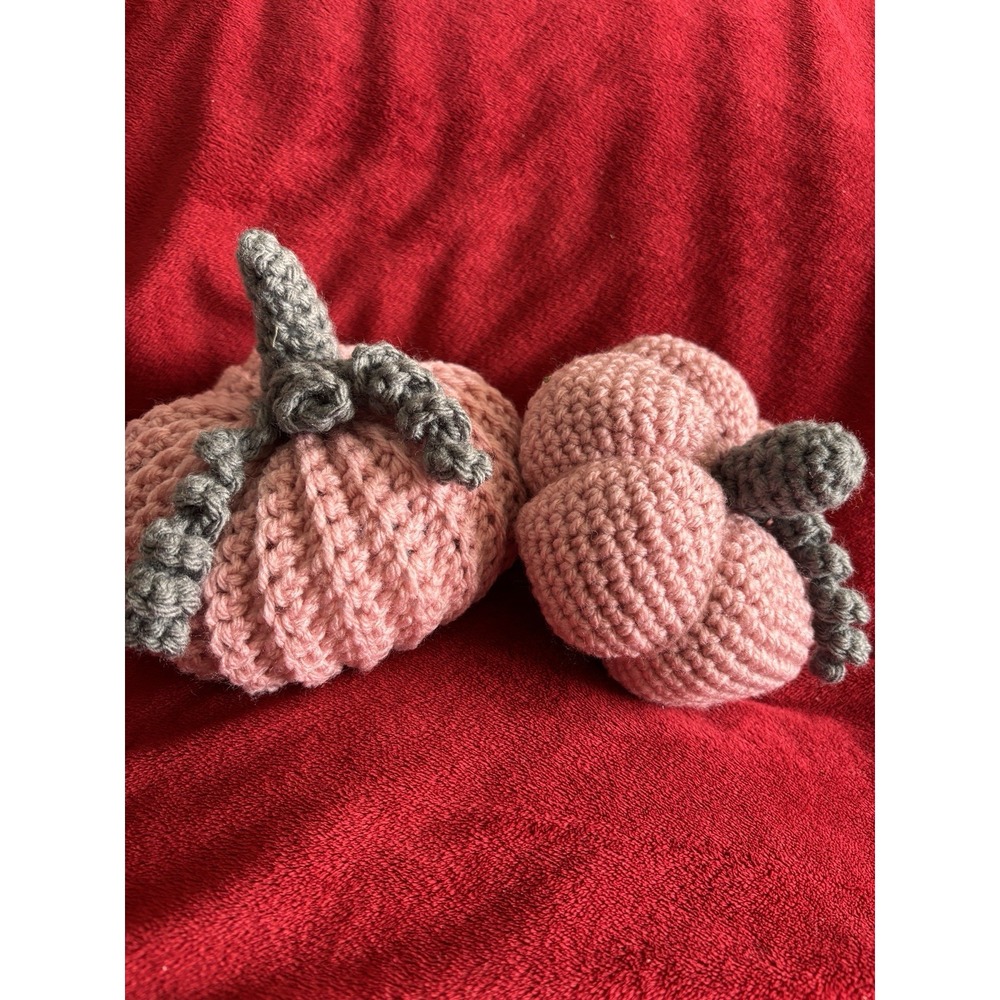 Handmade Pair Pink Stuft Crochet Pumpkins Gray Stem Swirls 5x6 4x4 Harvest Decor